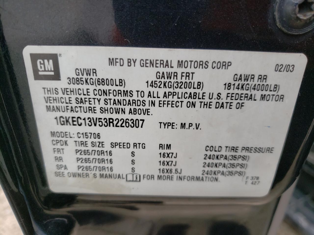 Photo 10 from auction – 2003 GMC YUKON with VIN 1GKEC13V53R226307