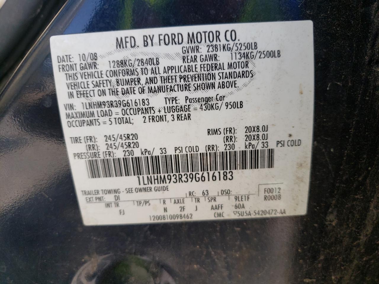 Photo 10 from auction – 2009 LINCOLN MKS with VIN 1LNHM93R39G616183