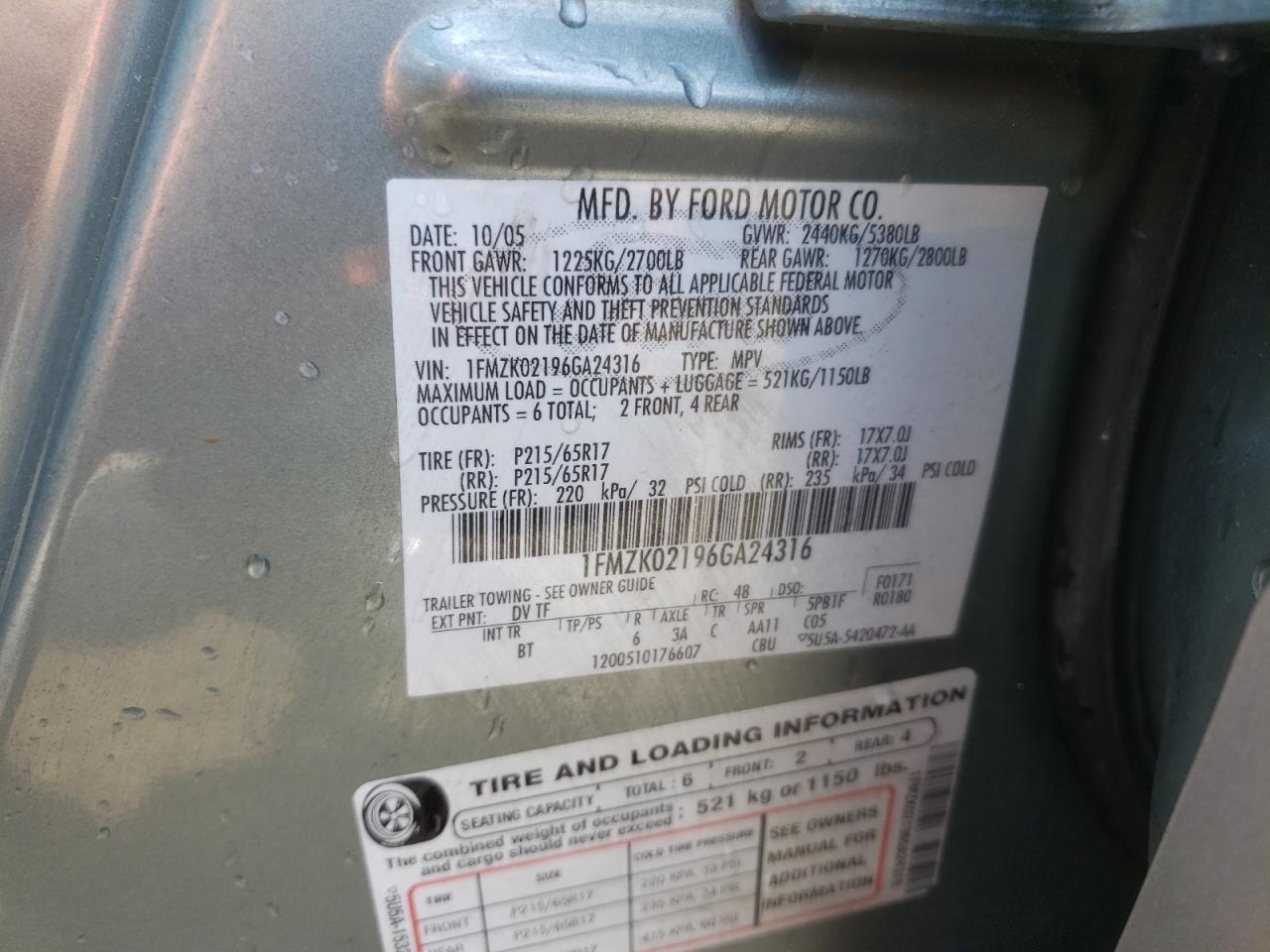 Photo 10 from auction – 2006 FORD FREESTYLE with VIN 1FMZK02196GA24316