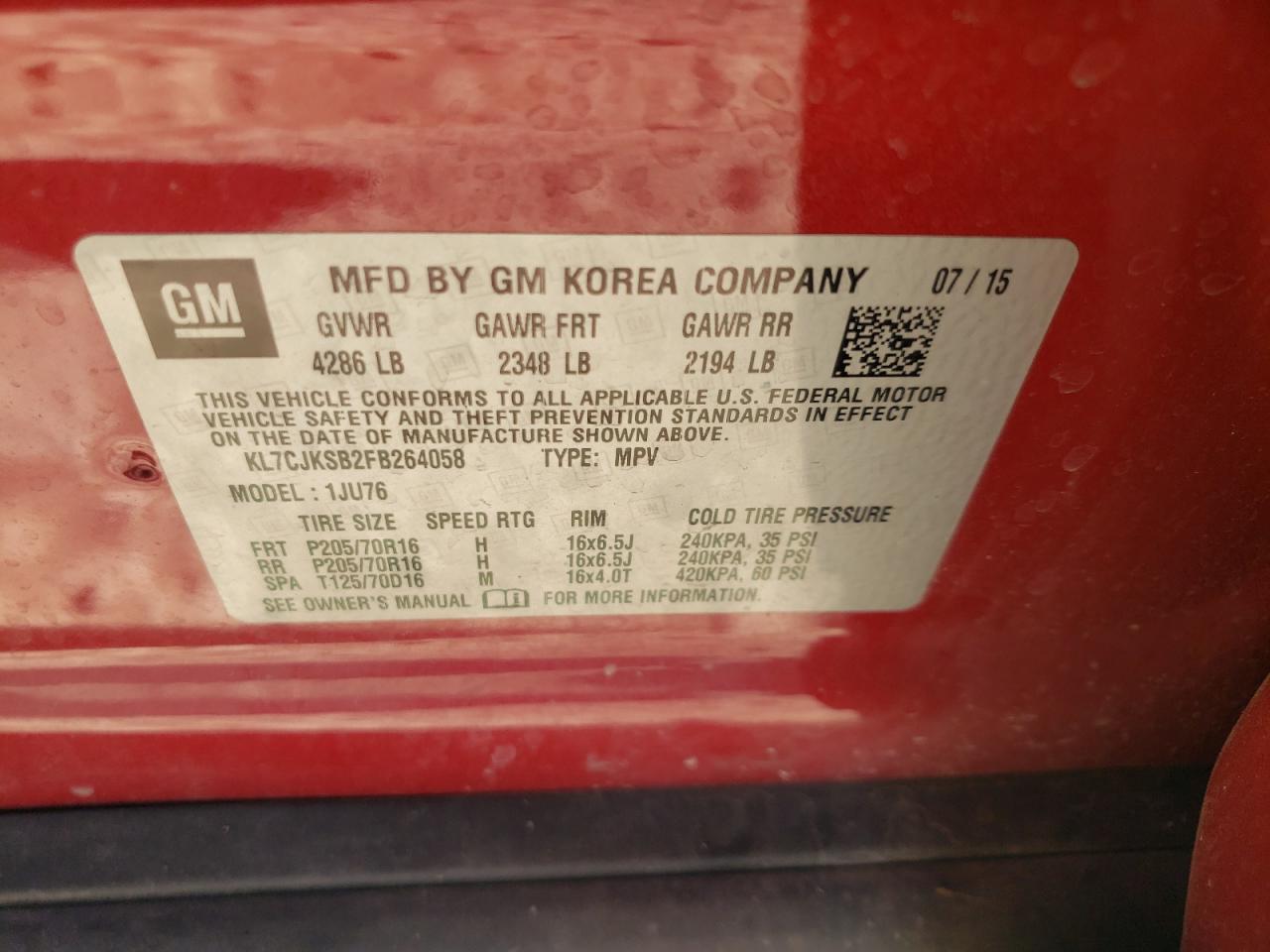 Foto 10 de la subasta – 2015 CHEVROLET TRAX LS con VIN KL7CJKSB2FB264058