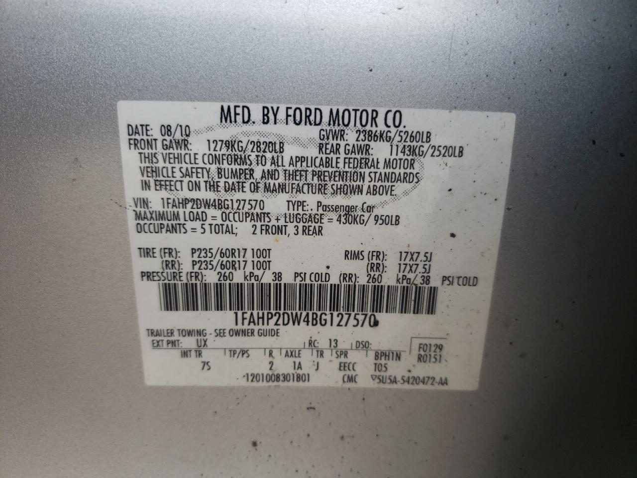 Photo 10 from auction – 2011 FORD TAURUS SE with VIN 1FAHP2DW4BG127570