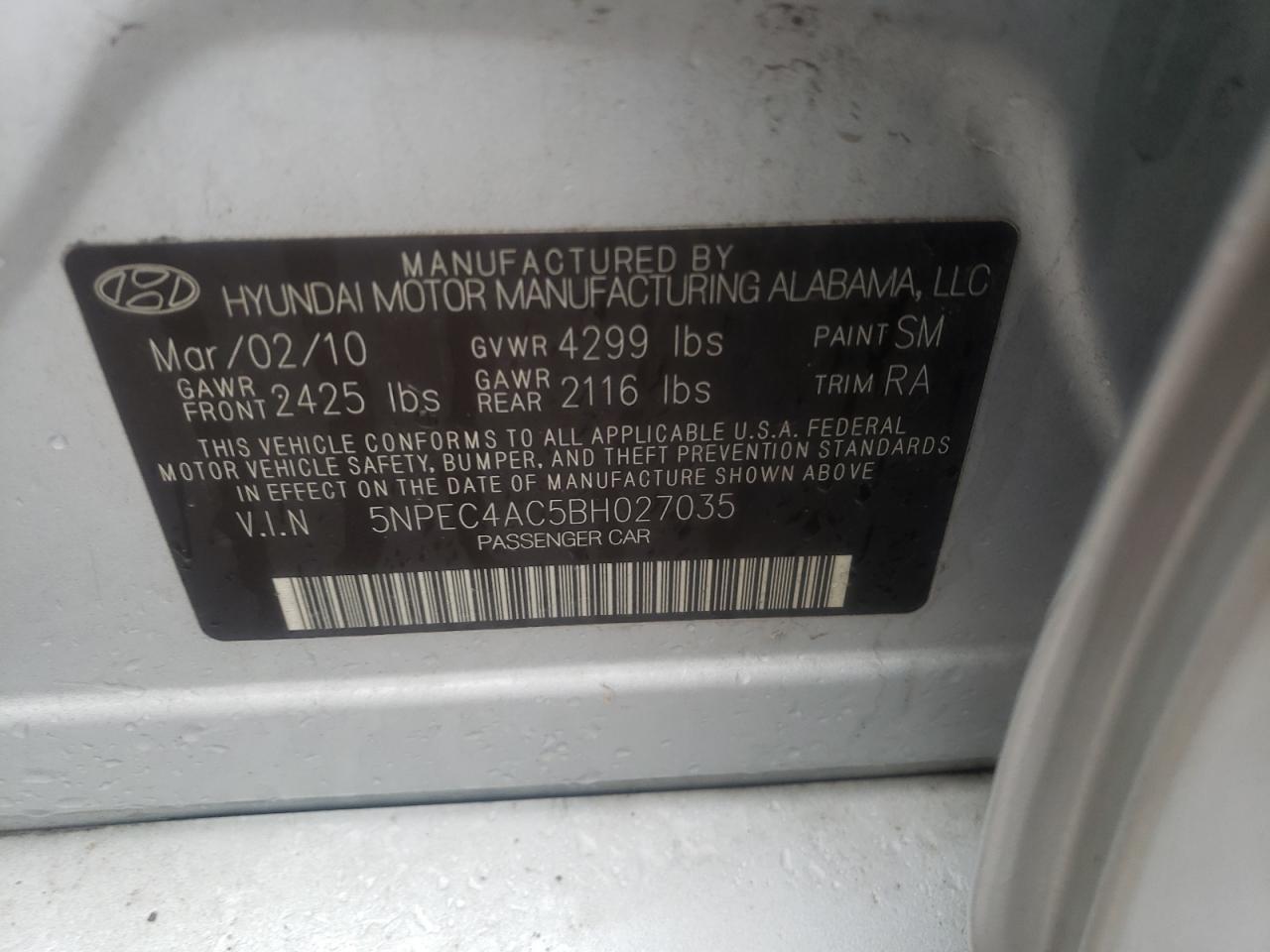 Photo 10 from auction – 2011 HYUNDAI SONATA SE with VIN 5NPEC4AC5BH027035