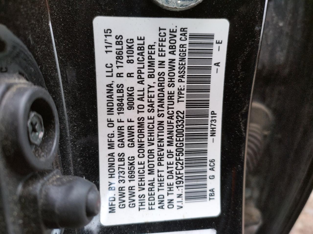 Photo 10 from auction – 2016 HONDA CIVIC LX with VIN 19XFC2F50GE003322