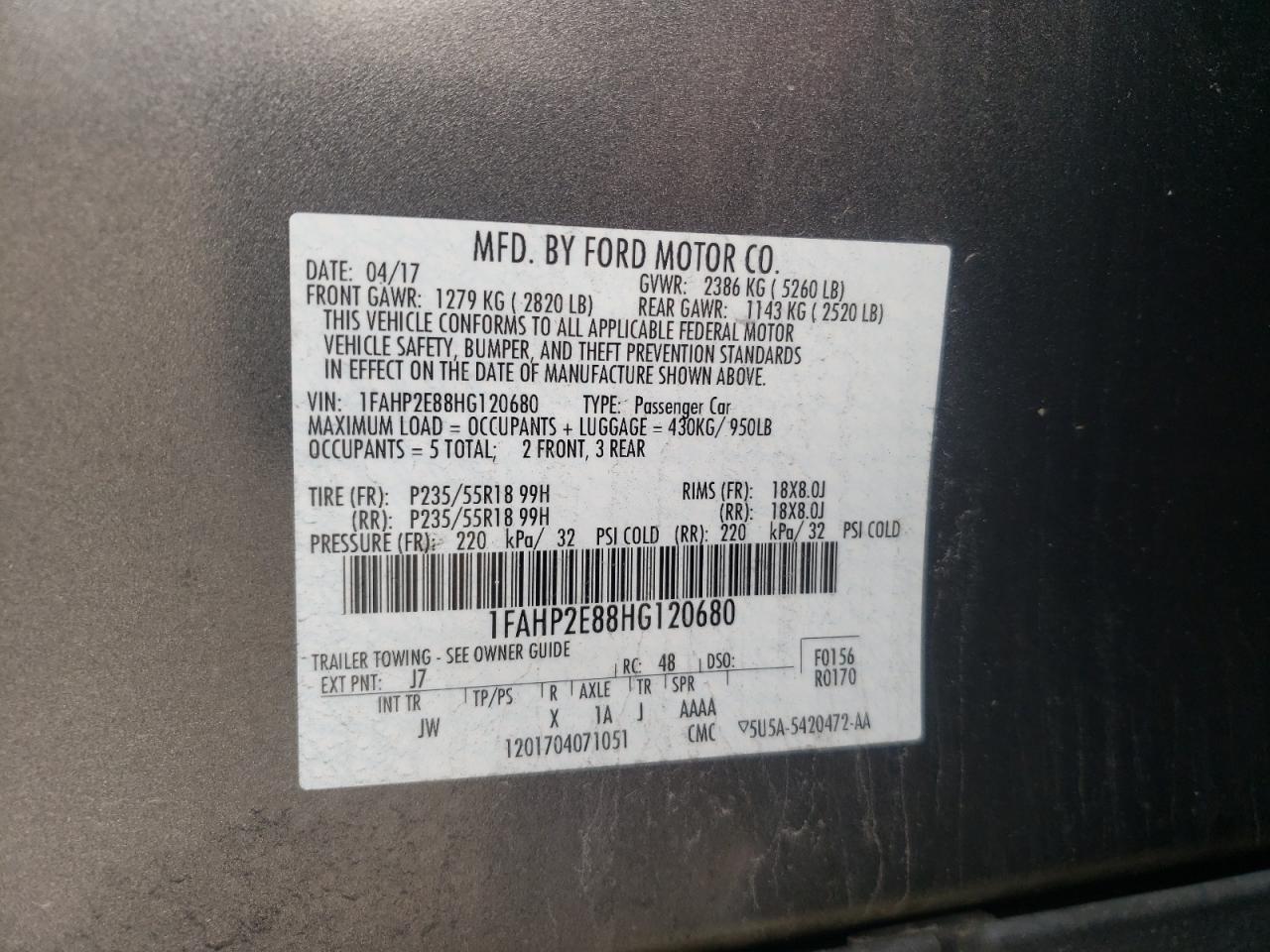 Foto 10 de la subasta – 2017 FORD TAURUS SEL con VIN 1FAHP2E88HG120680