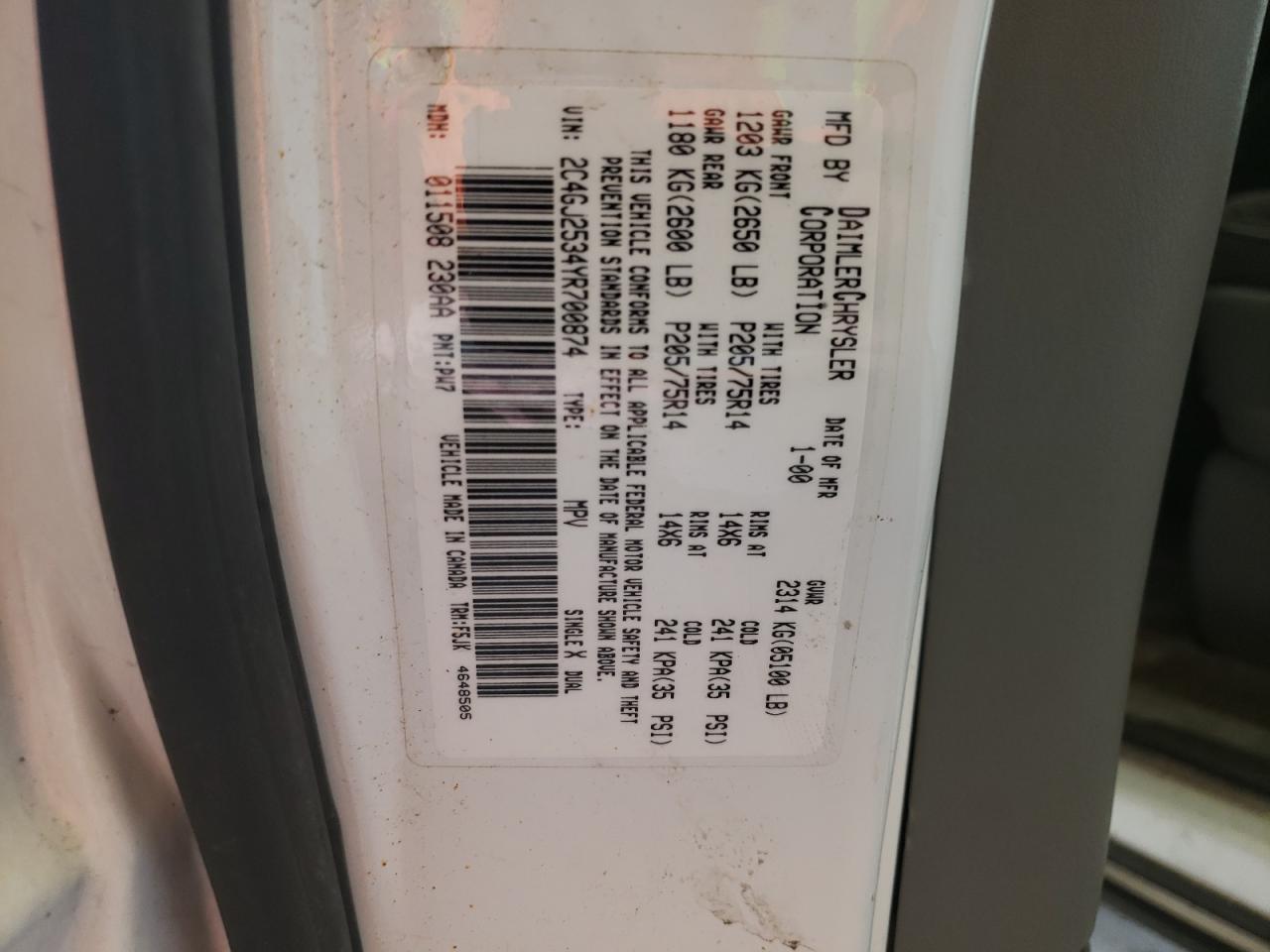 Photo 10 from auction – 2000 CHRYSLER VOYAGER with VIN 2C4GJ2534YR700874