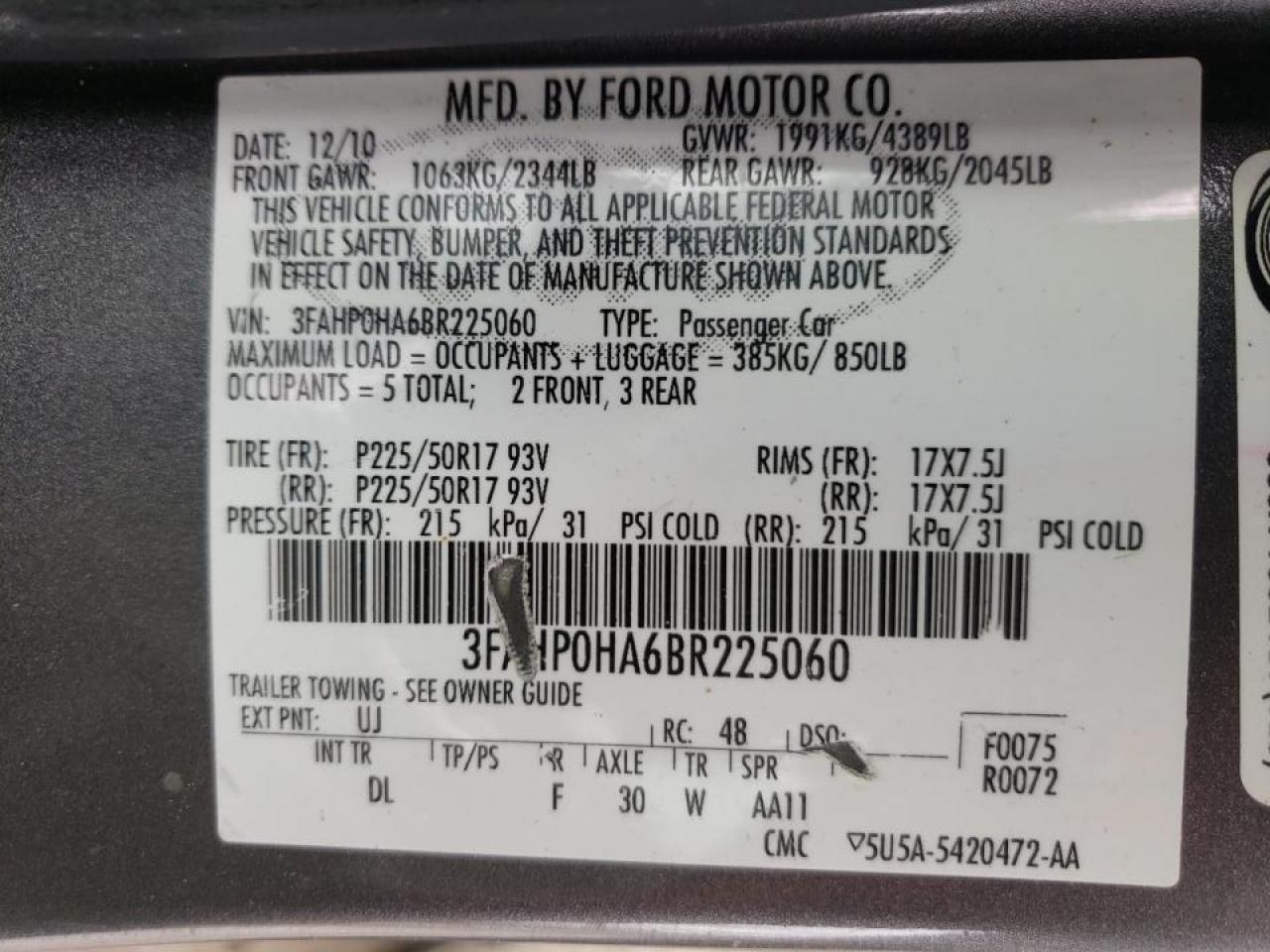 Photo 10 from auction – 2011 FORD FUSION SE with VIN 3FAHP0HA6BR225060