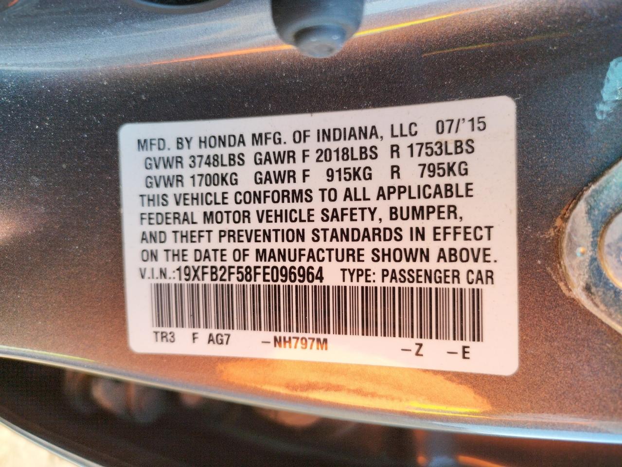 Photo 10 from auction – 2015 HONDA CIVIC LX with VIN 19XFB2F58FE096964