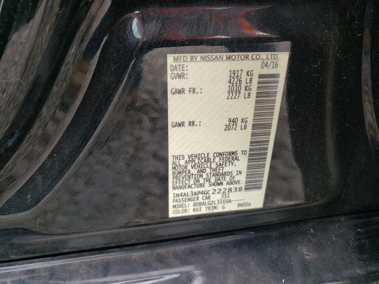 Photo 10 from auction – 2016 NISSAN ALTIMA 2.5 with VIN 1N4AL3AP4GC222838