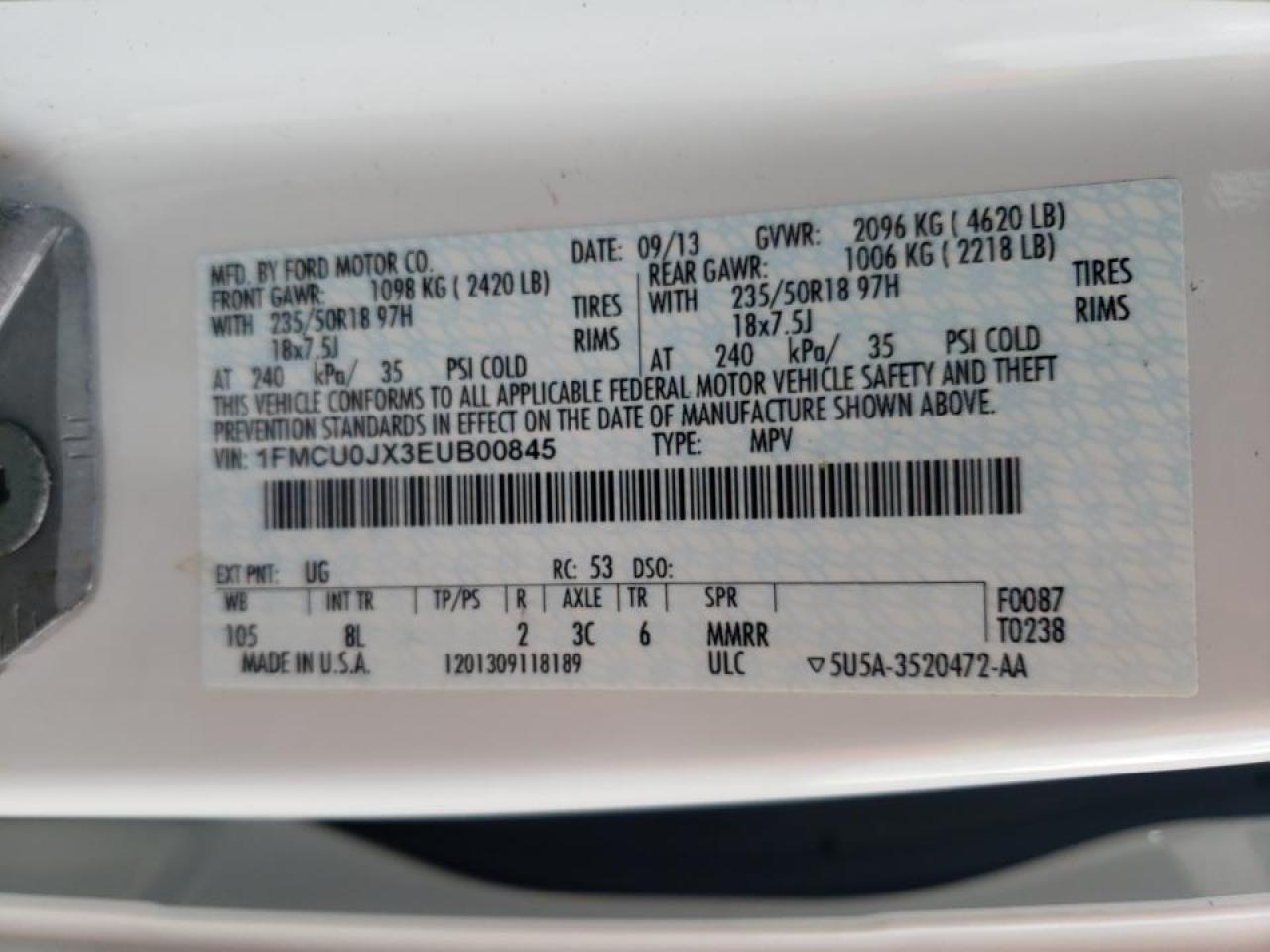 Photo 10 from auction – 2014 FORD ESCAPE TIT with VIN 1FMCU0JX3EUB00845