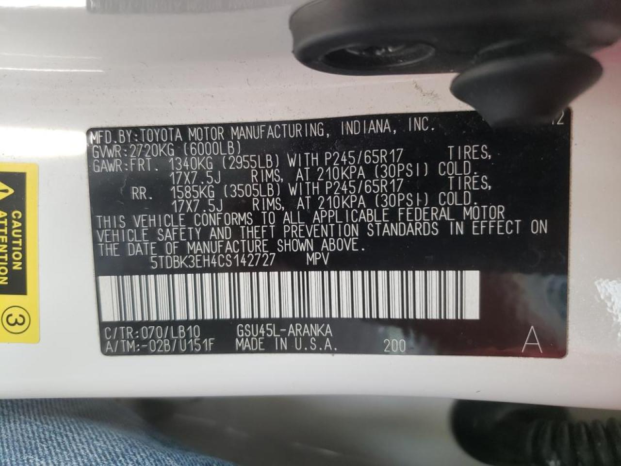 Photo 10 from auction – 2012 TOYOTA HIGHLANDER with VIN 5TDBK3EH4CS142727