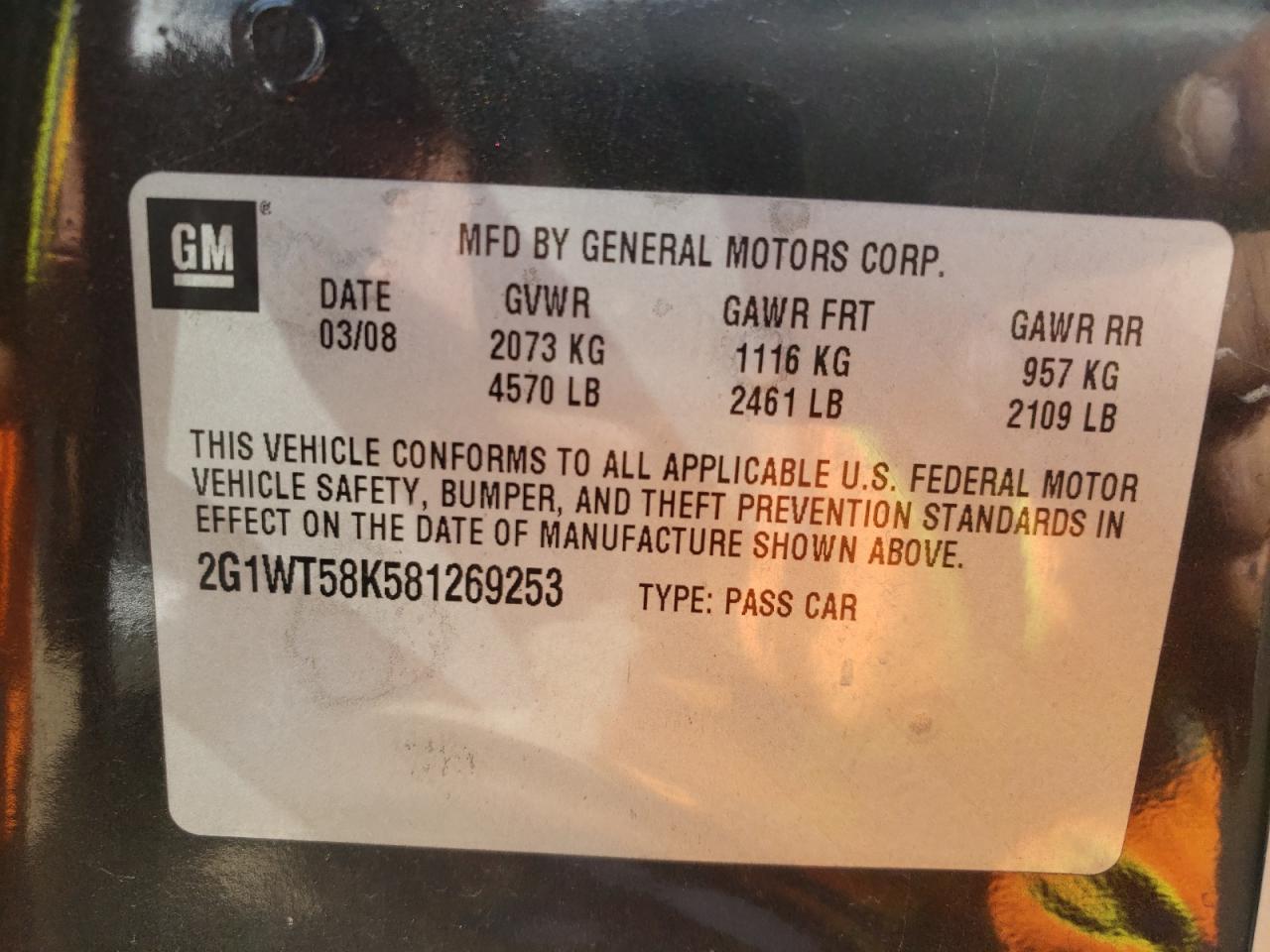 Photo 10 from auction – 2008 CHEVROLET IMPALA LT with VIN 2G1WT58K581269253