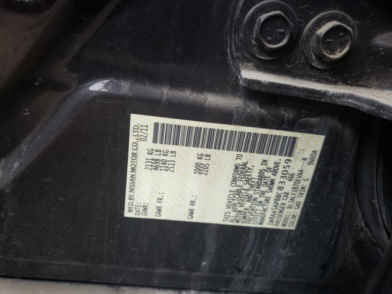 Photo 10 from auction – 2011 NISSAN MAXIMA S with VIN 1N4AA5AP8BC833059