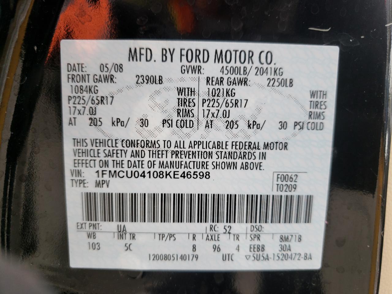 Photo 10 from auction – 2008 FORD ESCAPE LIM with VIN 1FMCU04108KE46598