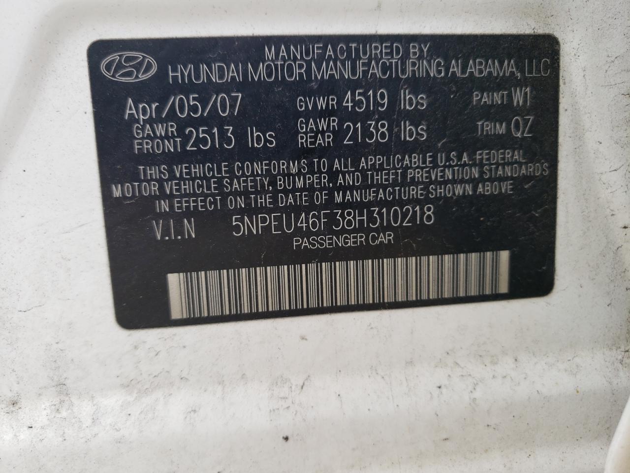 Photo 10 from auction – 2008 HYUNDAI SONATA with VIN 5NPEU46F38H310218