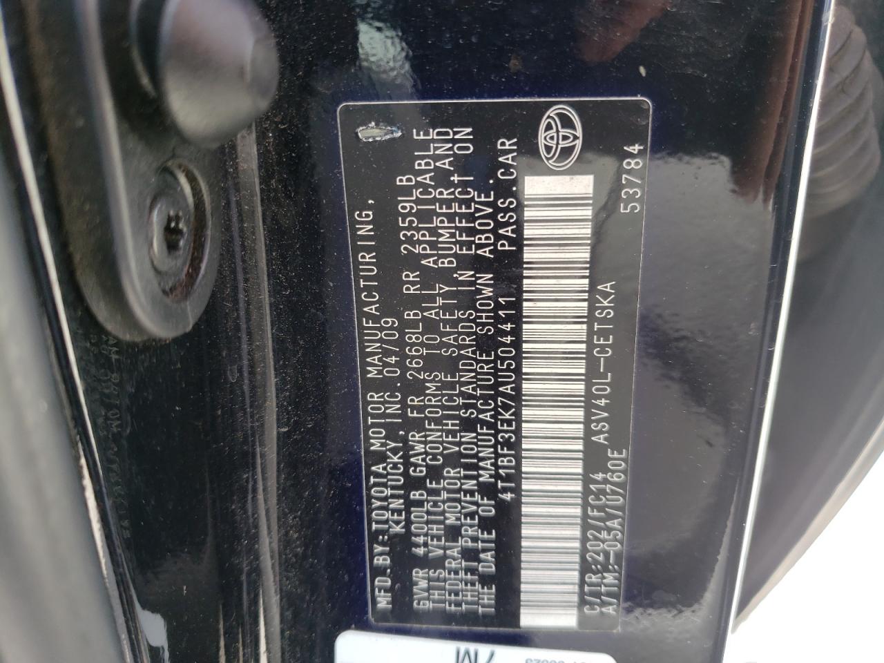 Photo 10 from auction – 2010 TOYOTA CAMRY BASE with VIN 4T1BF3EK7AU504411