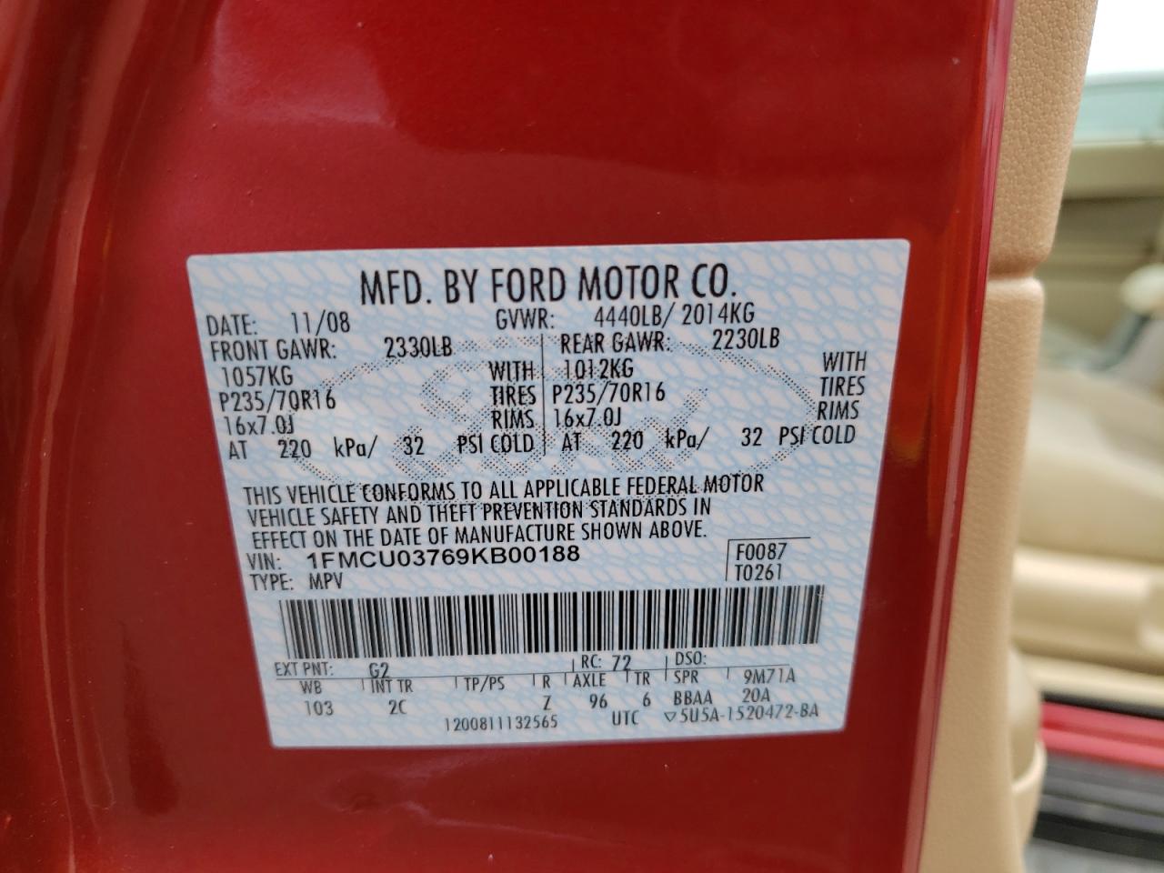 Photo 10 from auction – 2009 FORD ESCAPE XLT with VIN 1FMCU03769KB00188