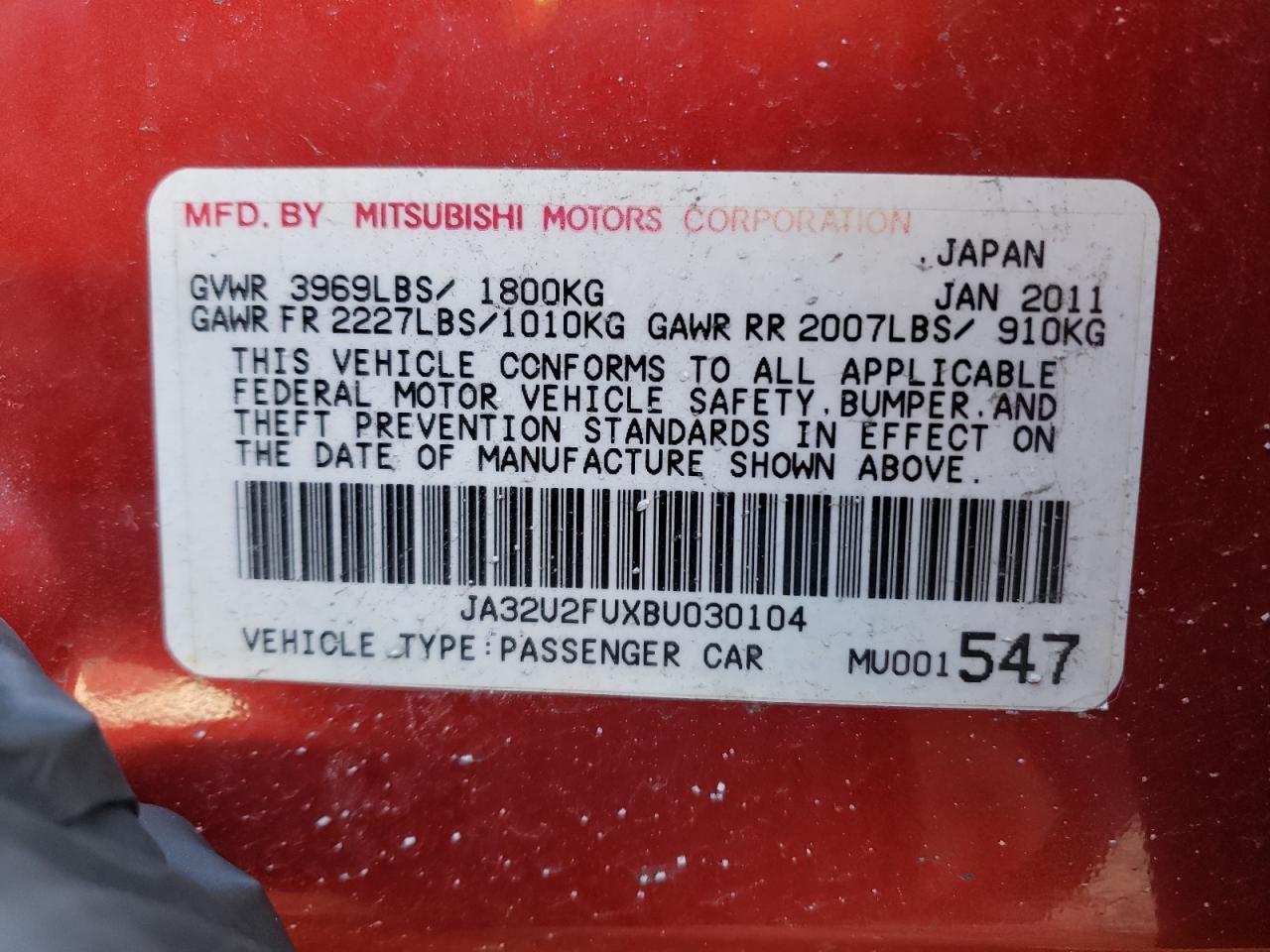 Photo 10 from auction – 2012 MITSUBISHI LANCER with VIN JA32U2FUXBU030104