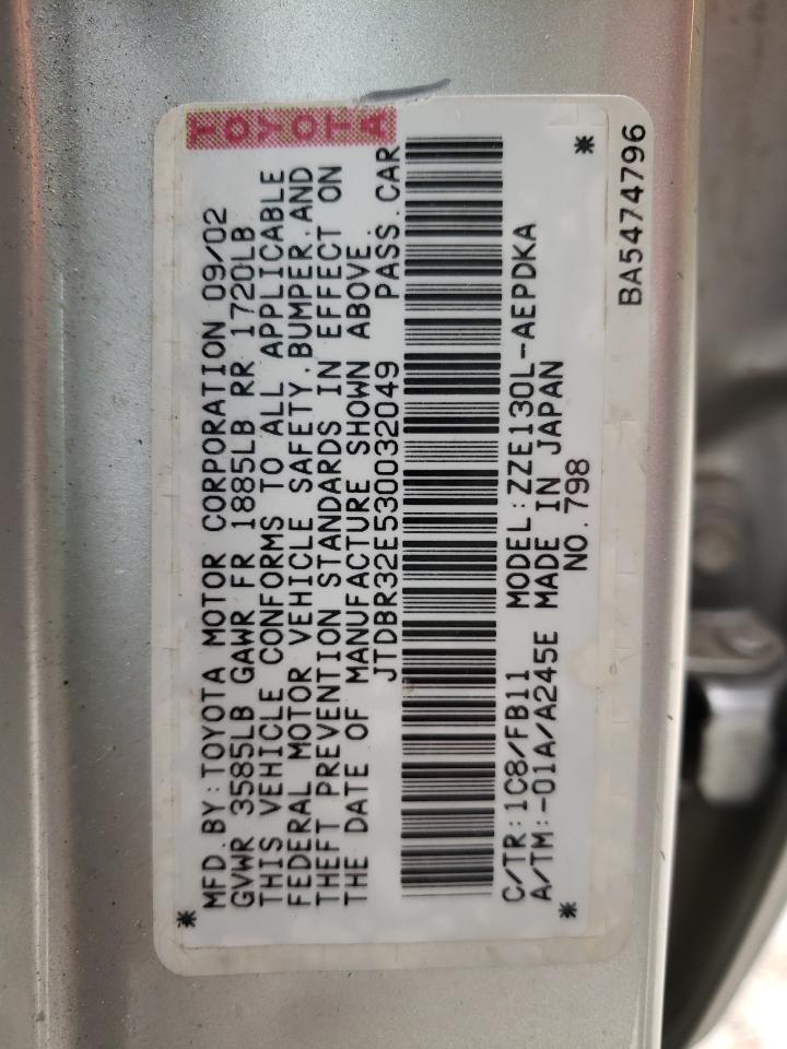 Photo 10 from auction – 2003 TOYOTA COROLLA CE with VIN JTDBR32E530032049