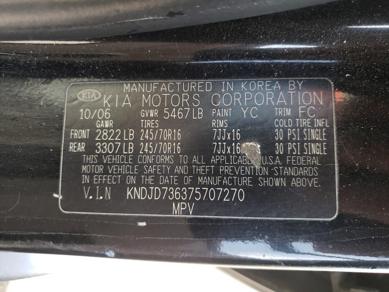 Photo 10 from auction – 2007 KIA SORENTO EX with VIN KNDJD736375707270