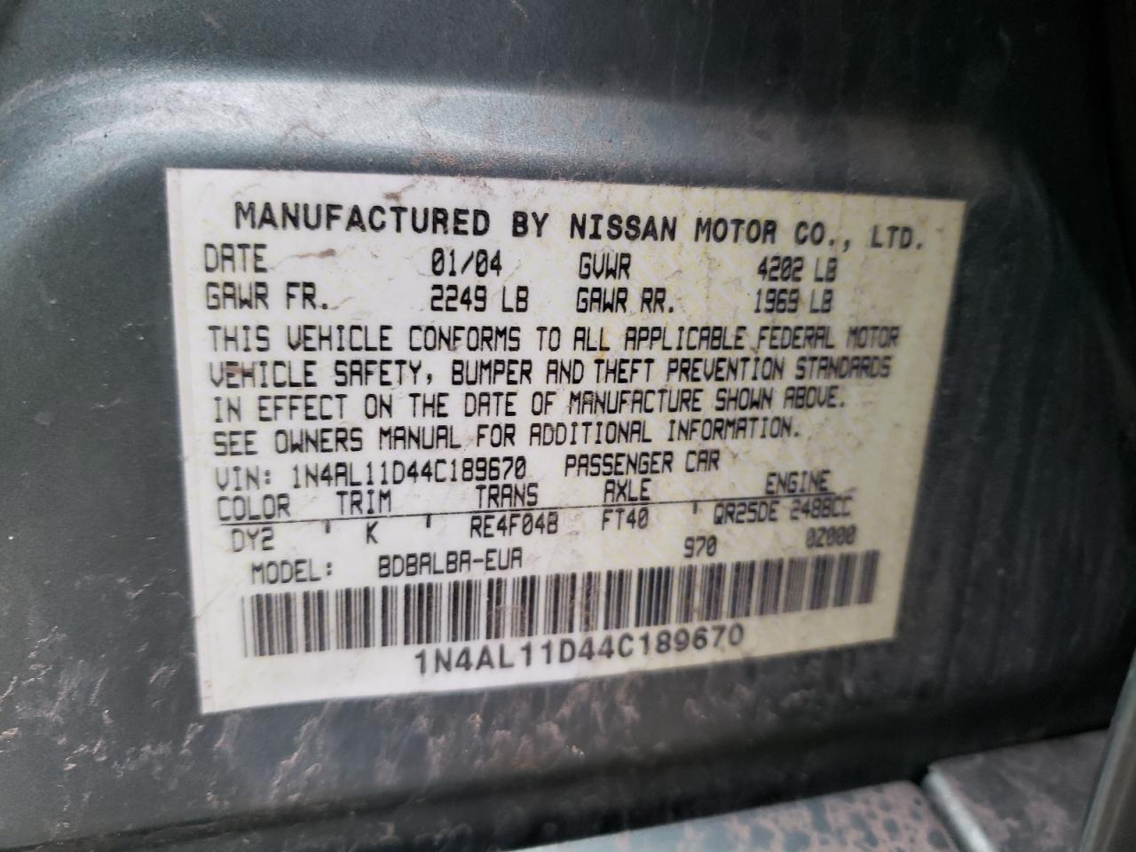 Photo 10 from auction – 2004 NISSAN ALTIMA BAS with VIN 1N4AL11D44C189670