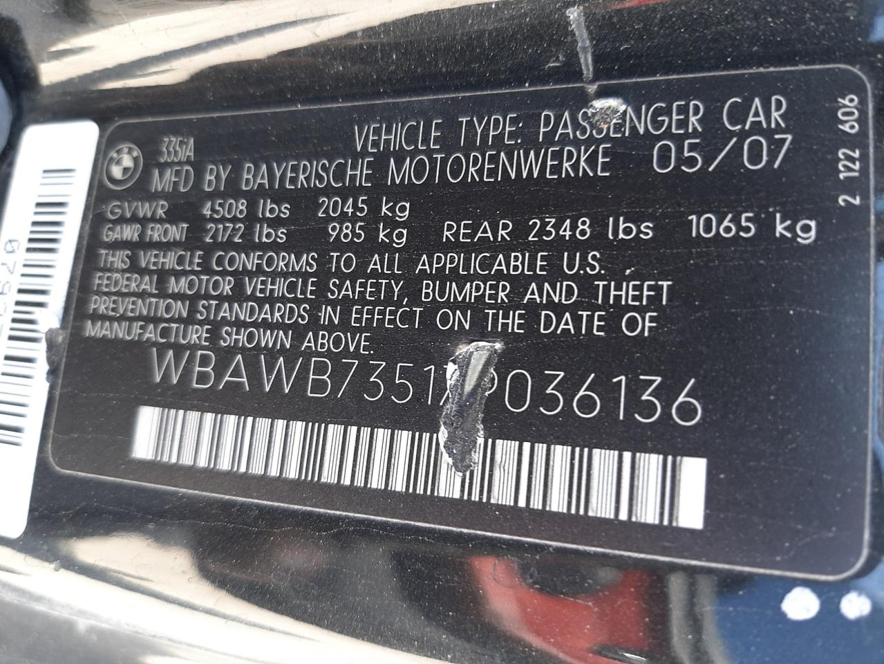 Photo 10 from auction – 2007 BMW 335 I with VIN WBAWB73517P036136