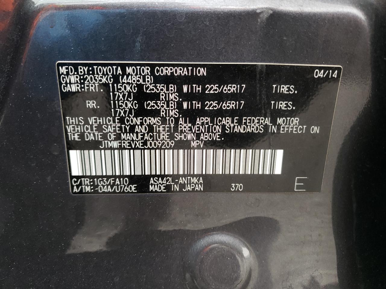 Photo 10 from auction – 2014 TOYOTA RAV4 XLE with VIN JTMWFREVXEJ009209