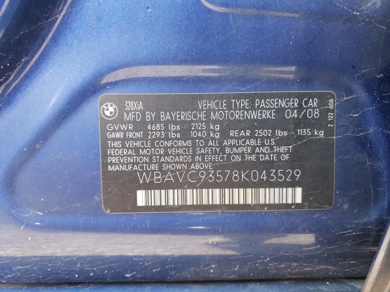 Photo 10 from auction – 2008 BMW 328 XI with VIN WBAVC93578K043529