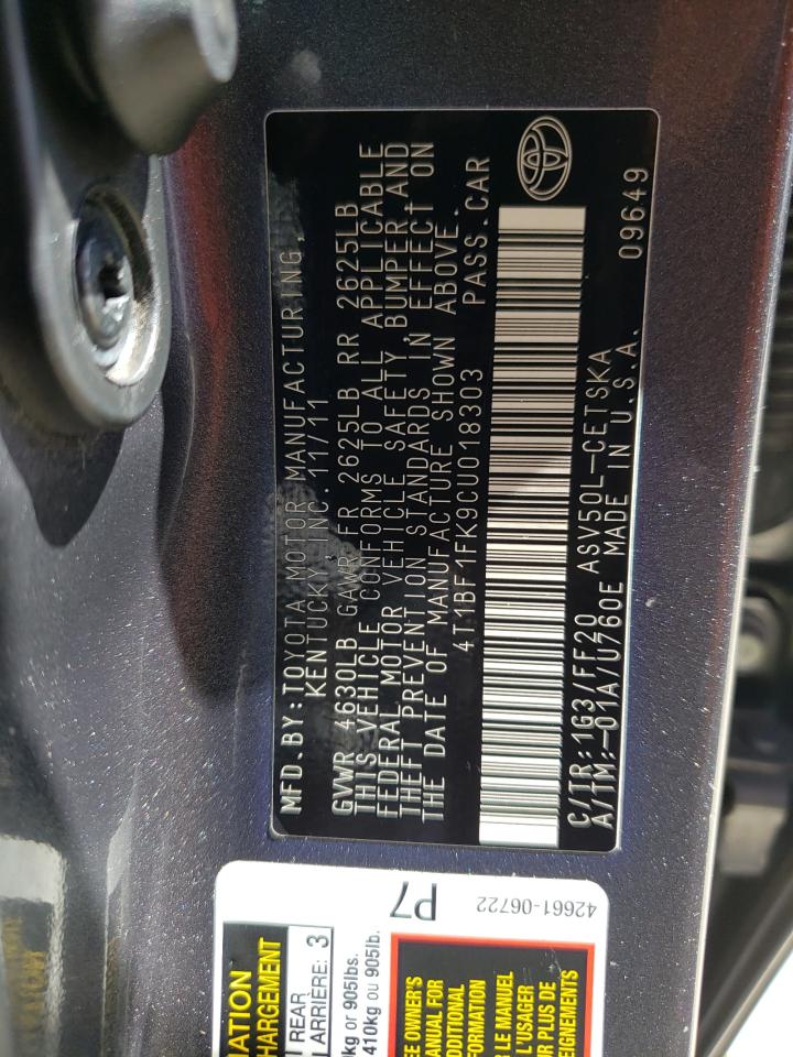 Photo 10 from auction – 2012 TOYOTA CAMRY BASE with VIN 4T1BF1FK9CU018303