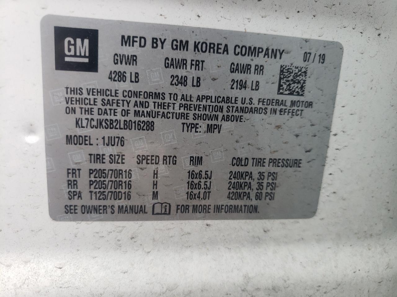 Photo 10 from auction – 2020 CHEVROLET TRAX LS with VIN KL7CJKSB2LB016288