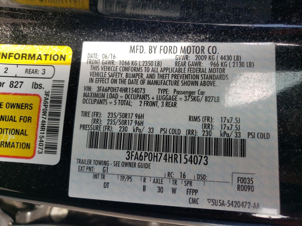 Photo 10 from auction – 2017 FORD FUSION SE with VIN 3FA6P0H74HR154073