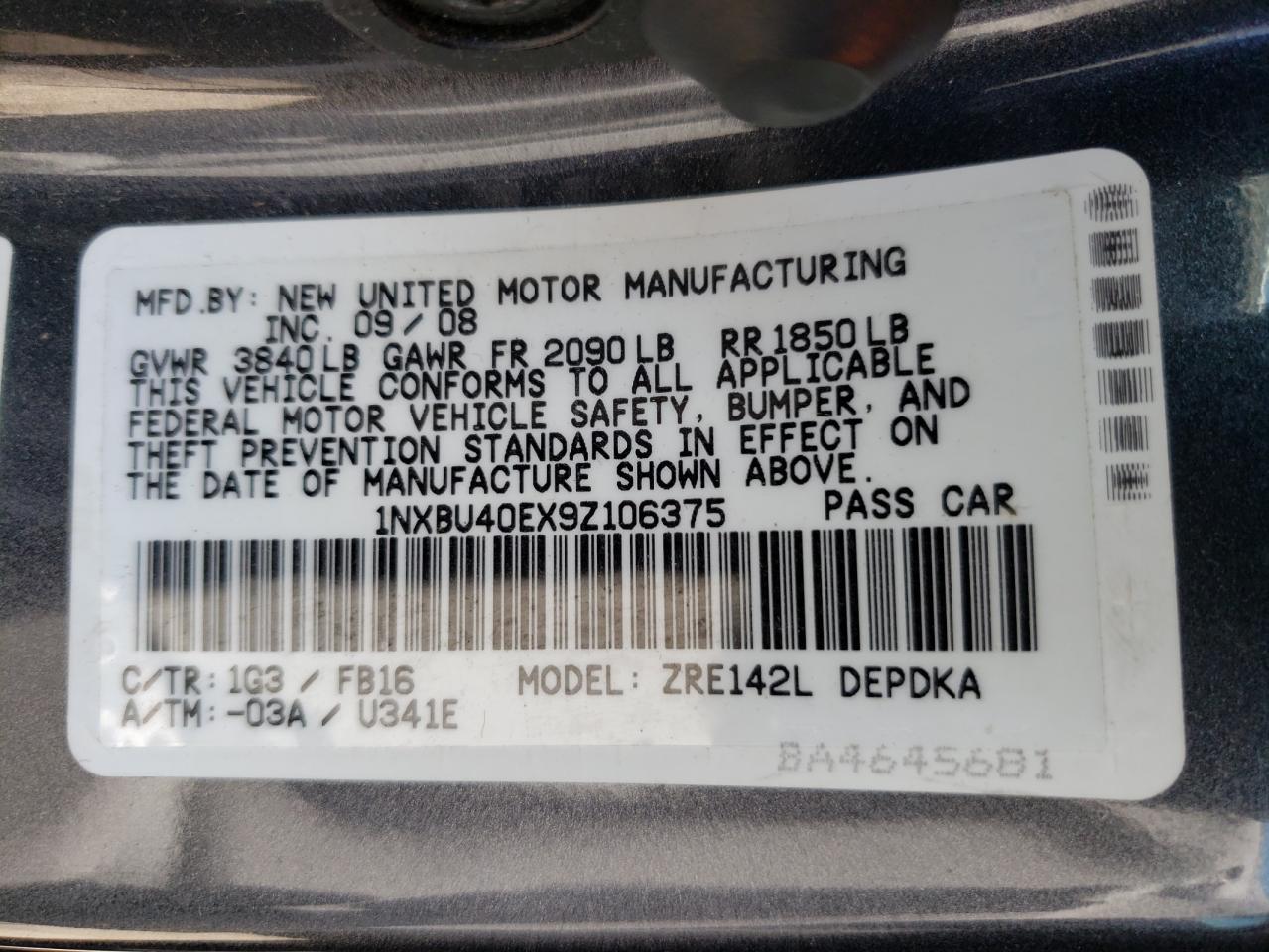 Photo 10 from auction – 2009 TOYOTA COROLLA BA with VIN 1NXBU40EX9Z106375