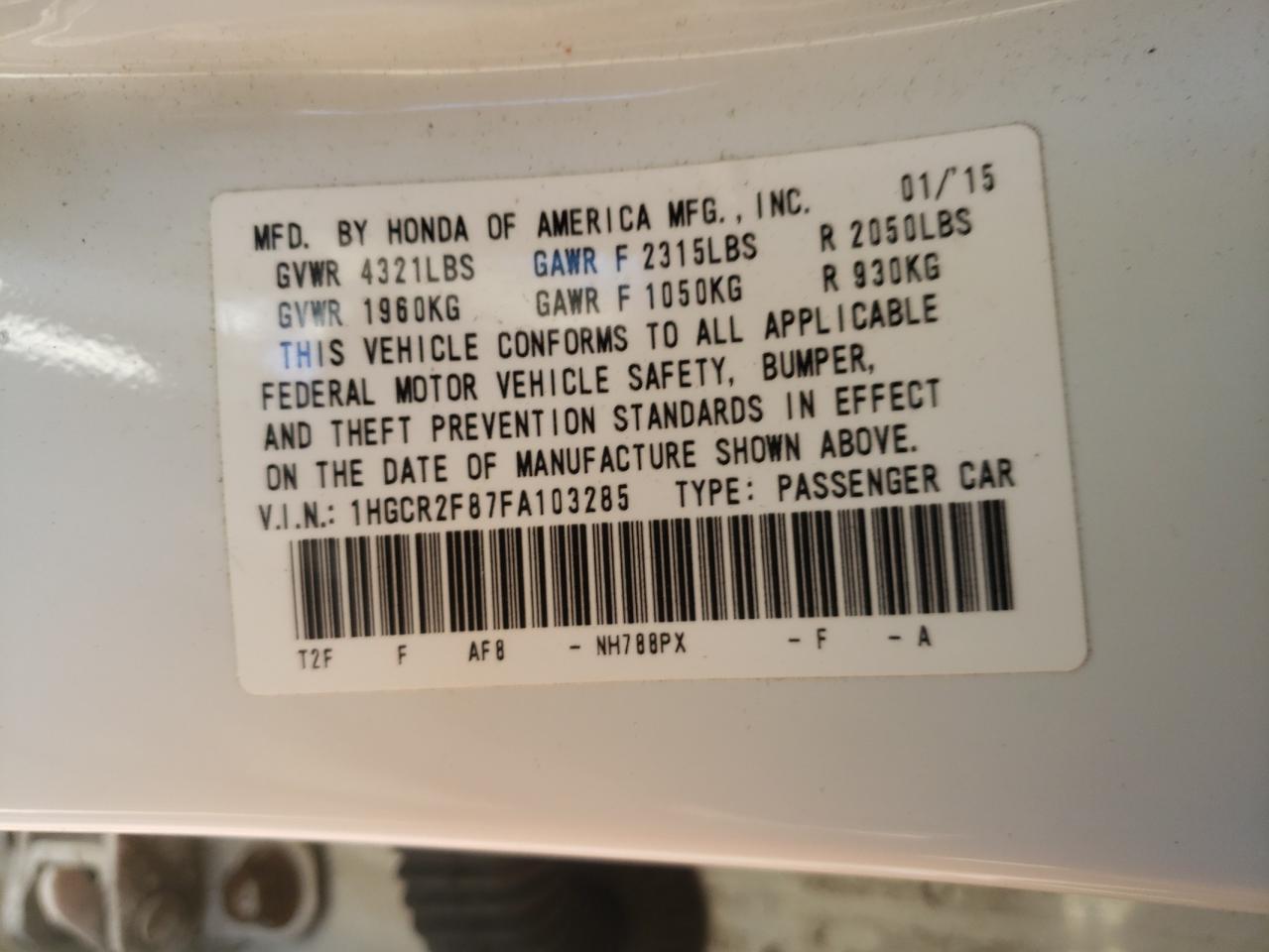 Photo 10 from auction – 2015 HONDA ACCORD EXL with VIN 1HGCR2F87FA103285