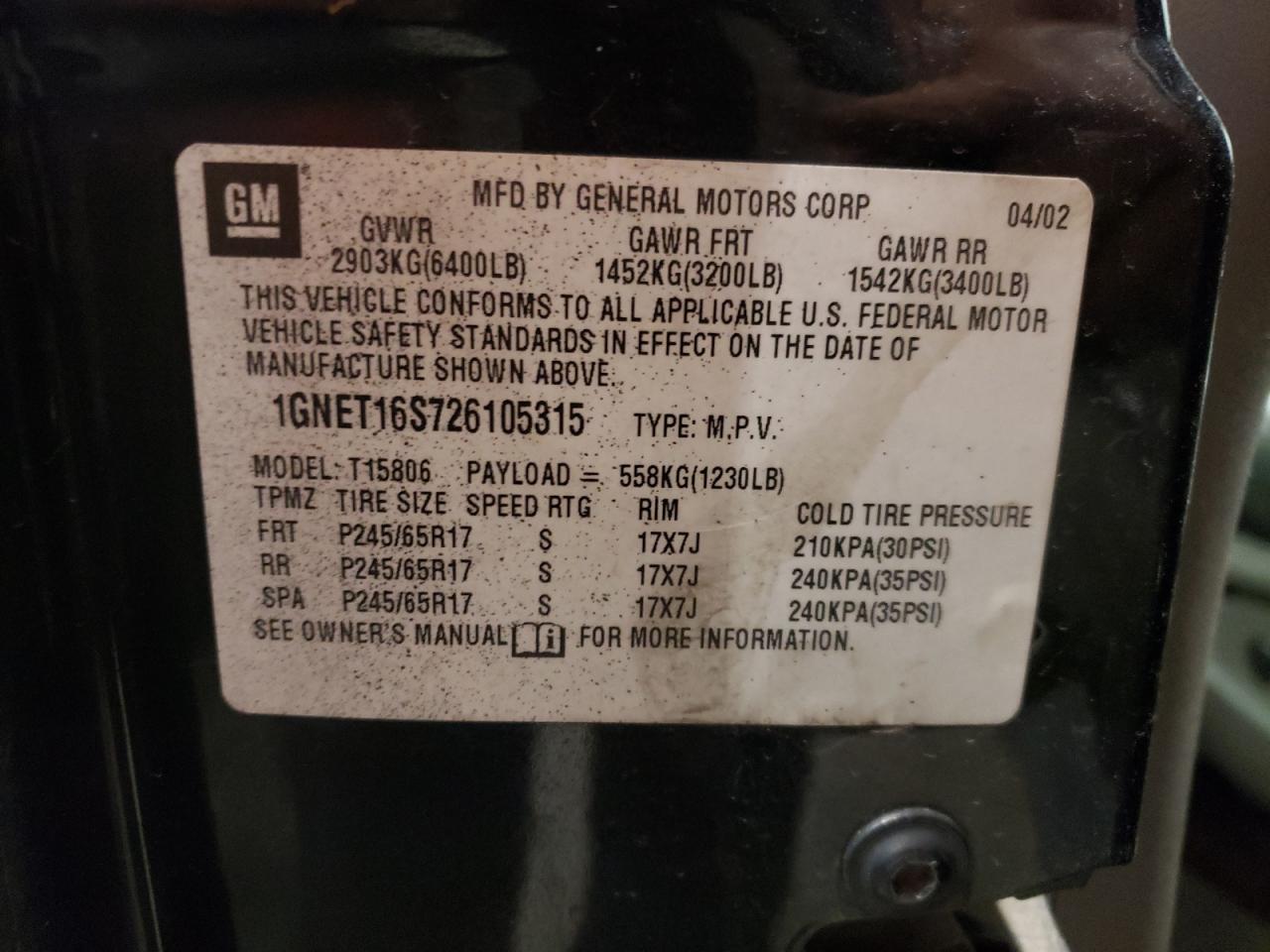 Photo 10 from auction – 2002 CHEVROLET TRAILBLAZE with VIN 1GNET16S726105315