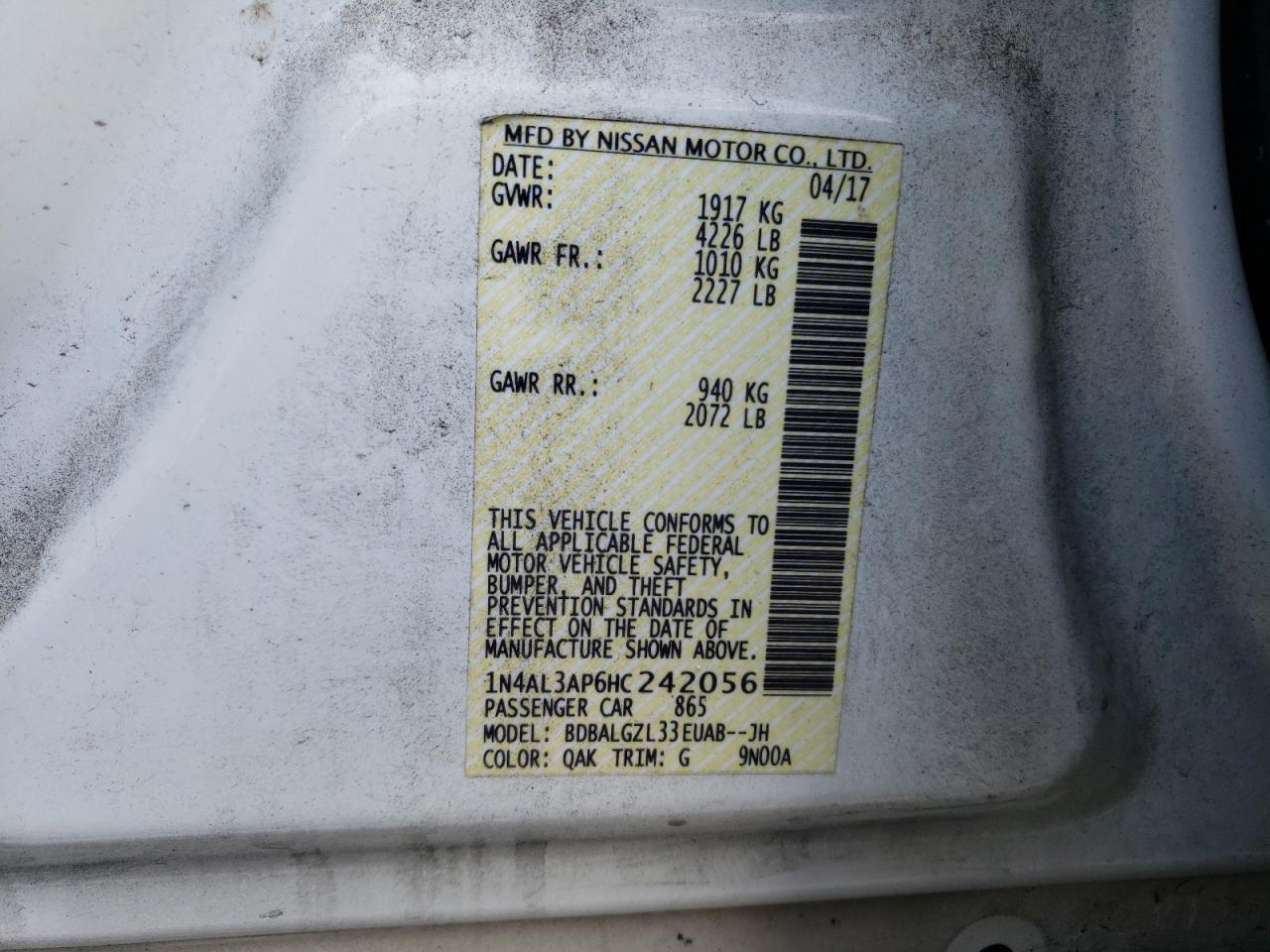 Photo 10 from auction – 2017 NISSAN ALTIMA 2.5 with VIN 1N4AL3AP6HC242056