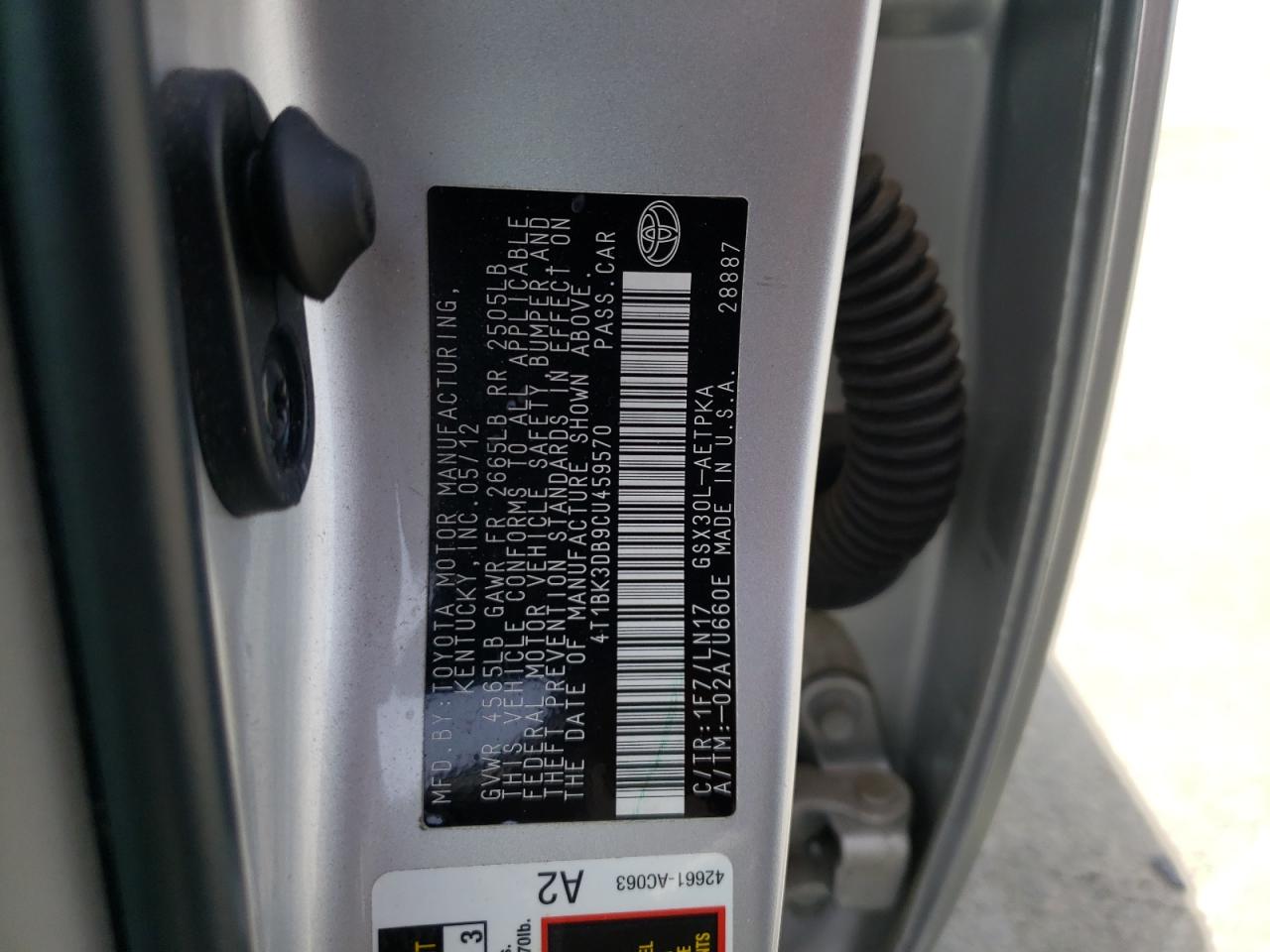 Photo 10 from auction – 2012 TOYOTA AVALON BAS with VIN 4T1BK3DB9CU459570