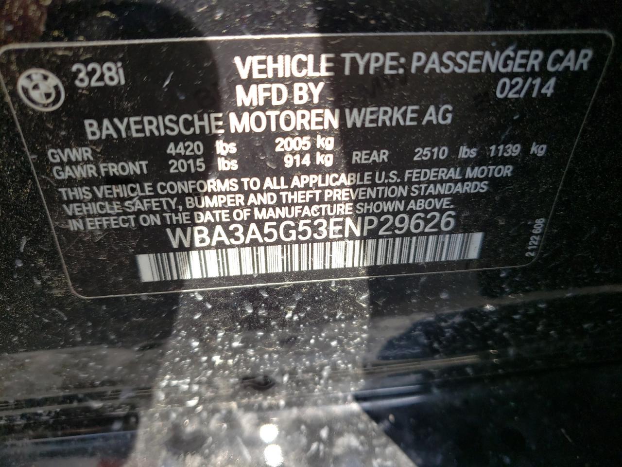 Photo 10 from auction – 2014 BMW 328 I with VIN WBA3A5G53ENP29626