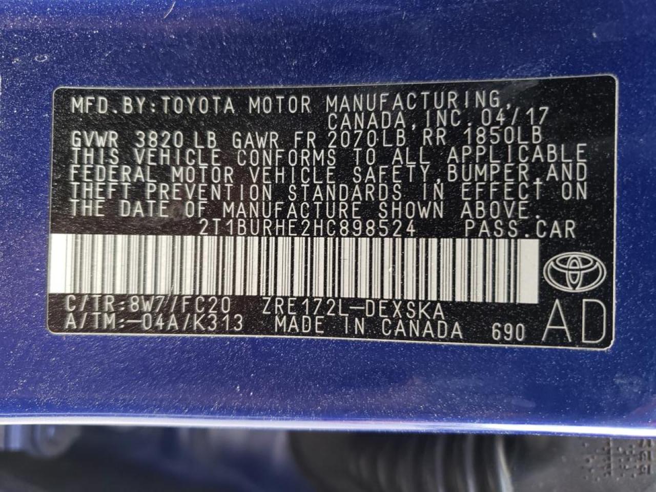 Photo 10 from auction – 2017 TOYOTA COROLLA L with VIN 2T1BURHE2HC898524