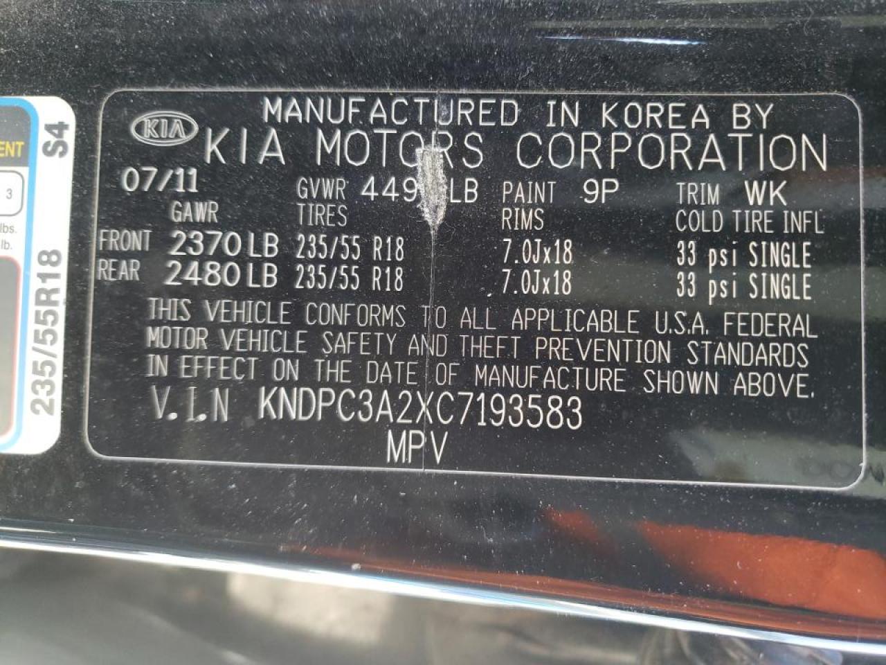 Photo 10 from auction – 2012 KIA SPORTAGE E with VIN KNDPC3A2XC7193583