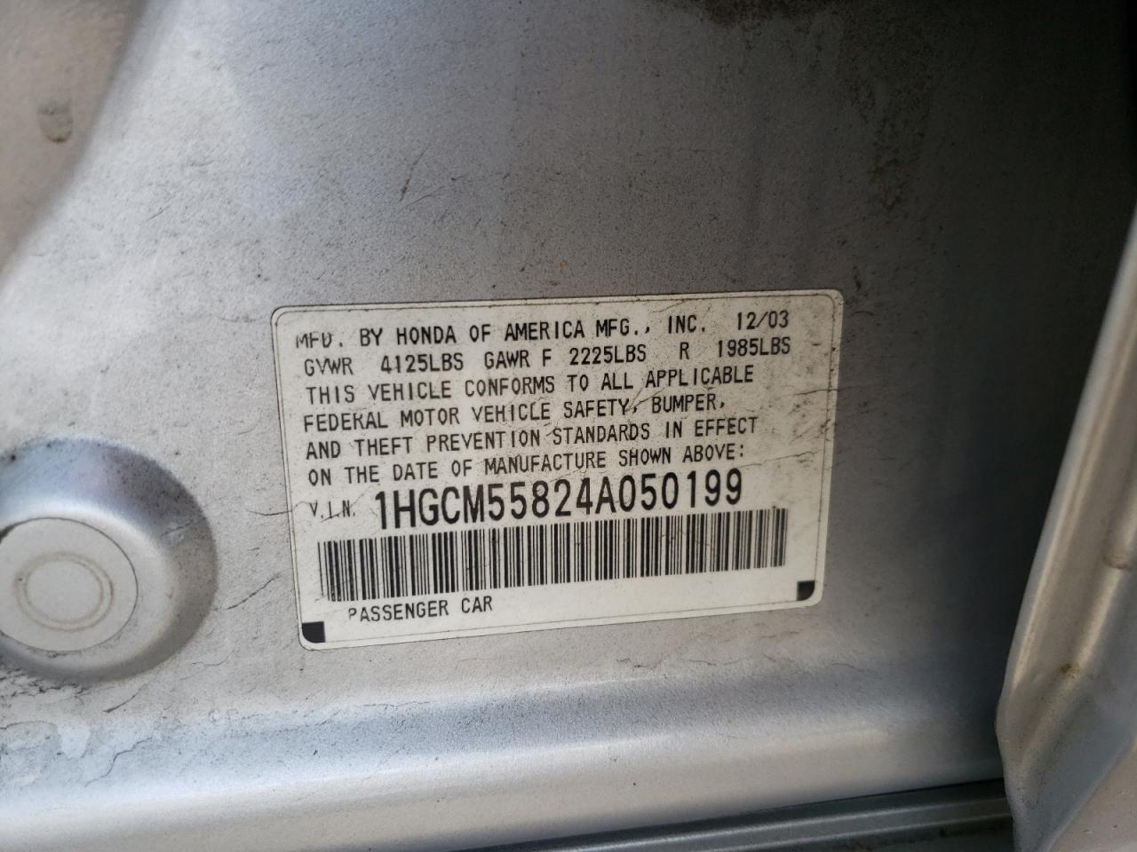 Photo 10 from auction – 2004 HONDA ACCORD EX with VIN 1HGCM55824A050199