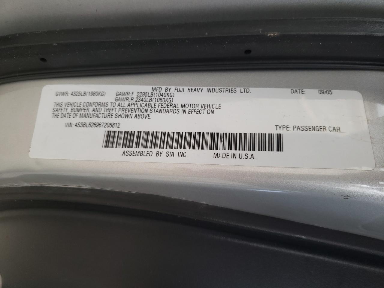 Photo 10 from auction – 2006 SUBARU LEGACY 2.5 with VIN 4S3BL626967206812