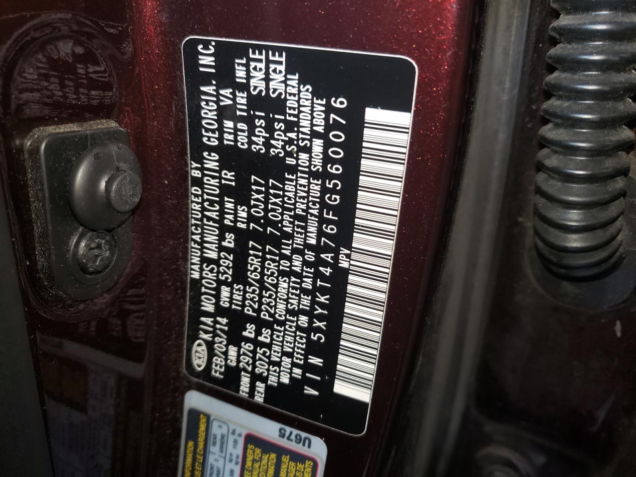 Photo 10 from auction – 2015 KIA SORENTO LX with VIN 5XYKT4A76FG560076