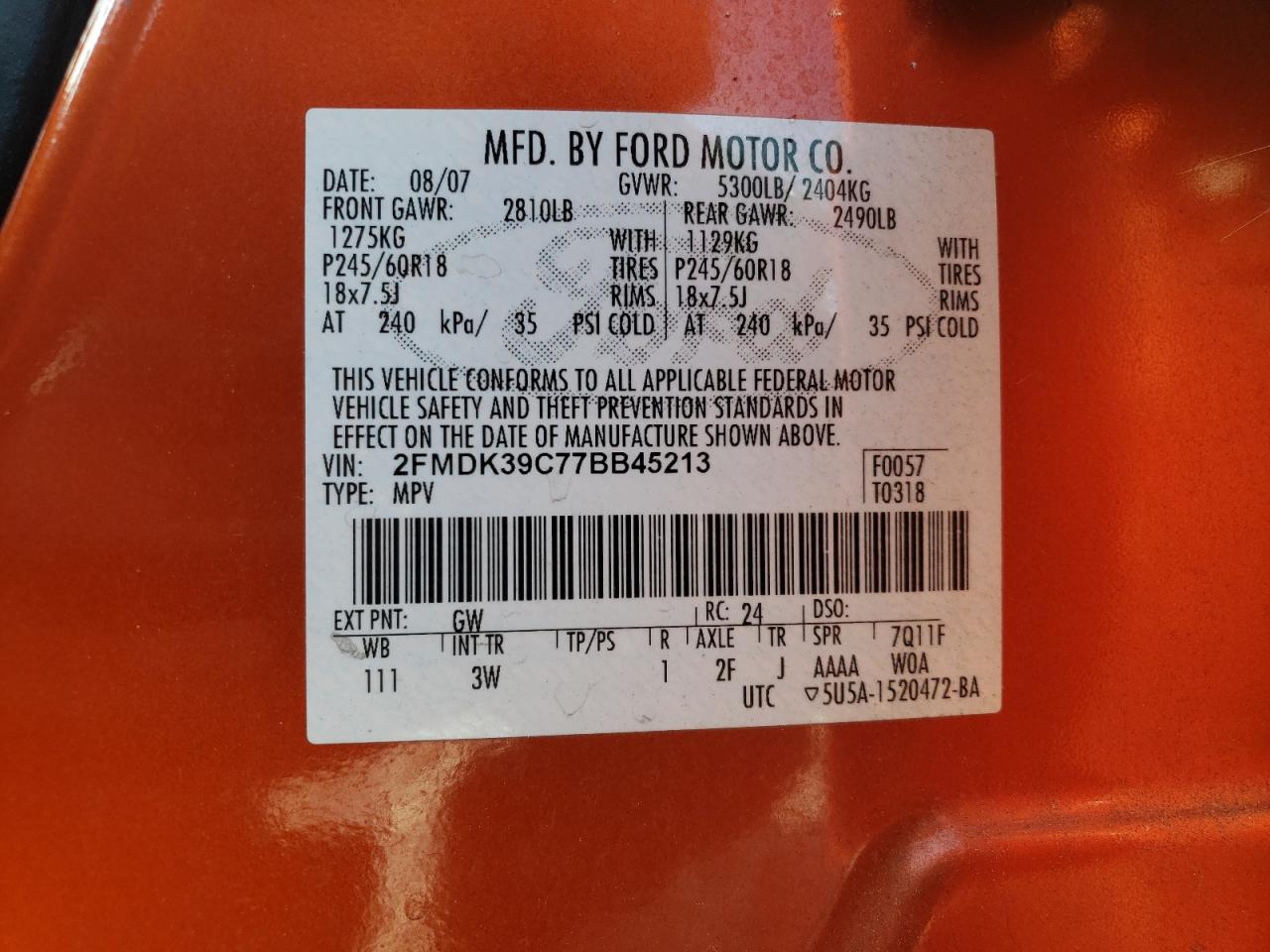 Photo 10 from auction – 2007 FORD EDGE SEL P with VIN 2FMDK39C77BB45213