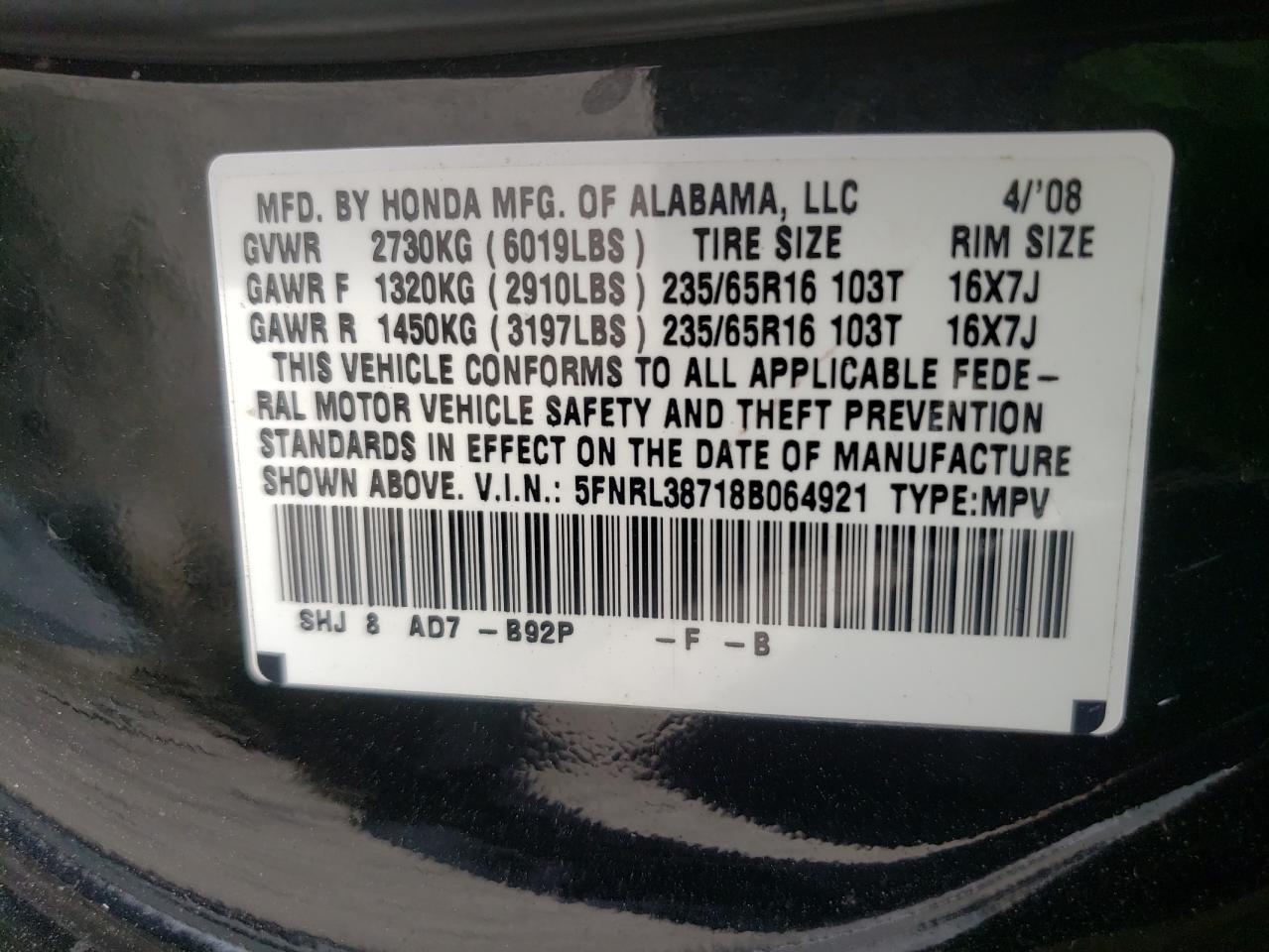 Photo 10 from auction – 2008 HONDA ODYSSEY with VIN 5FNRL38718B064921