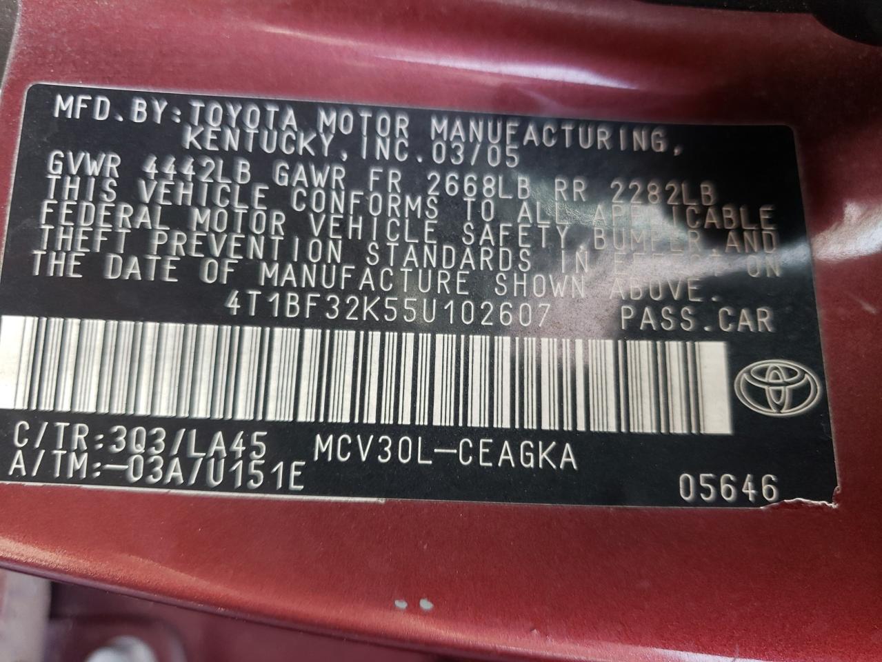 Photo 10 from auction – 2005 TOYOTA CAMRY LE with VIN 4T1BF32K55U102607