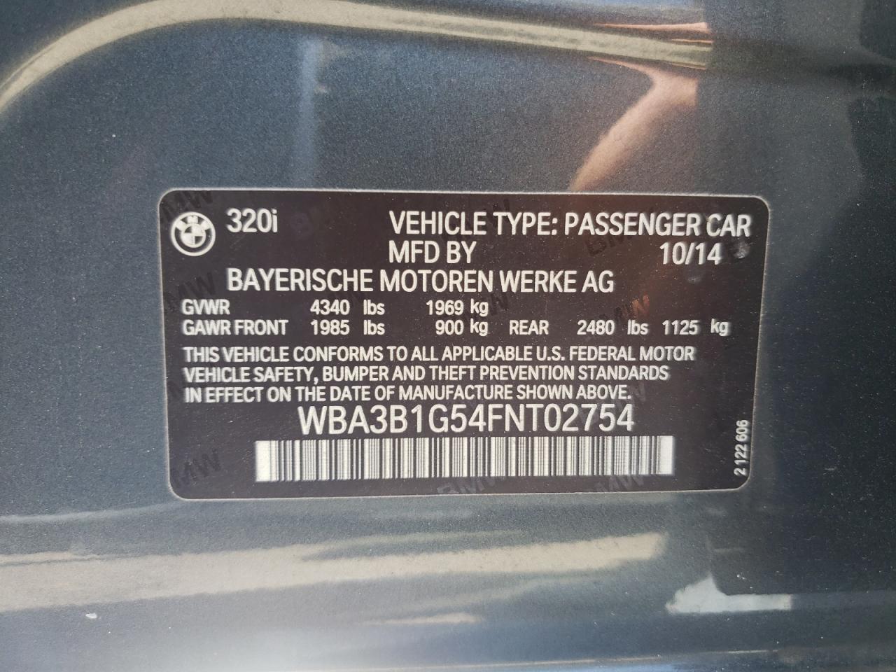Photo 10 from auction – 2015 BMW 320 I with VIN WBA3B1G54FNT02754