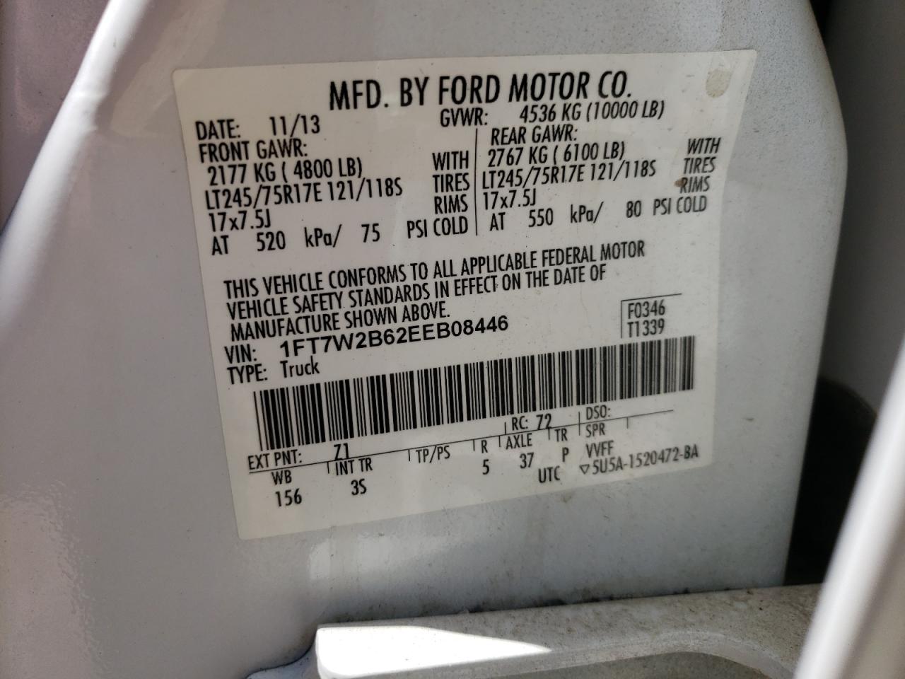 Photo 10 from auction – 2014 FORD F250 SUPER with VIN 1FT7W2B62EEB08446
