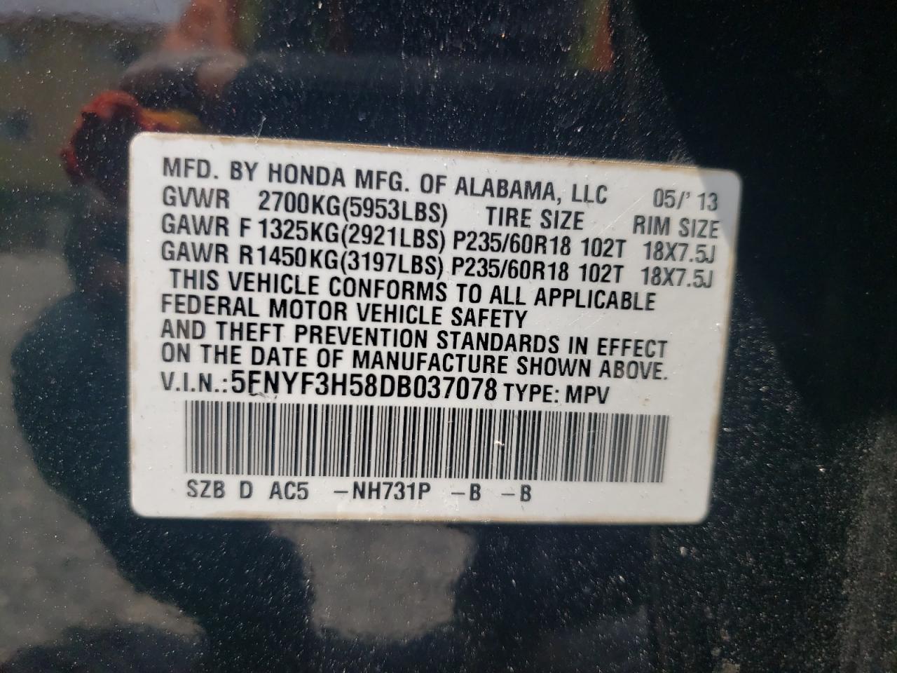 Photo 10 from auction – 2013 HONDA PILOT EXL with VIN 5FNYF3H58DB037078