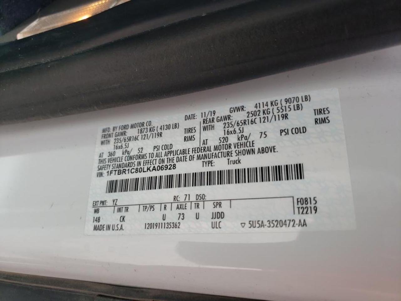 Photo 10 from auction – 2020 FORD TRANSIT T- with VIN 1FTBR1C80LKA06928
