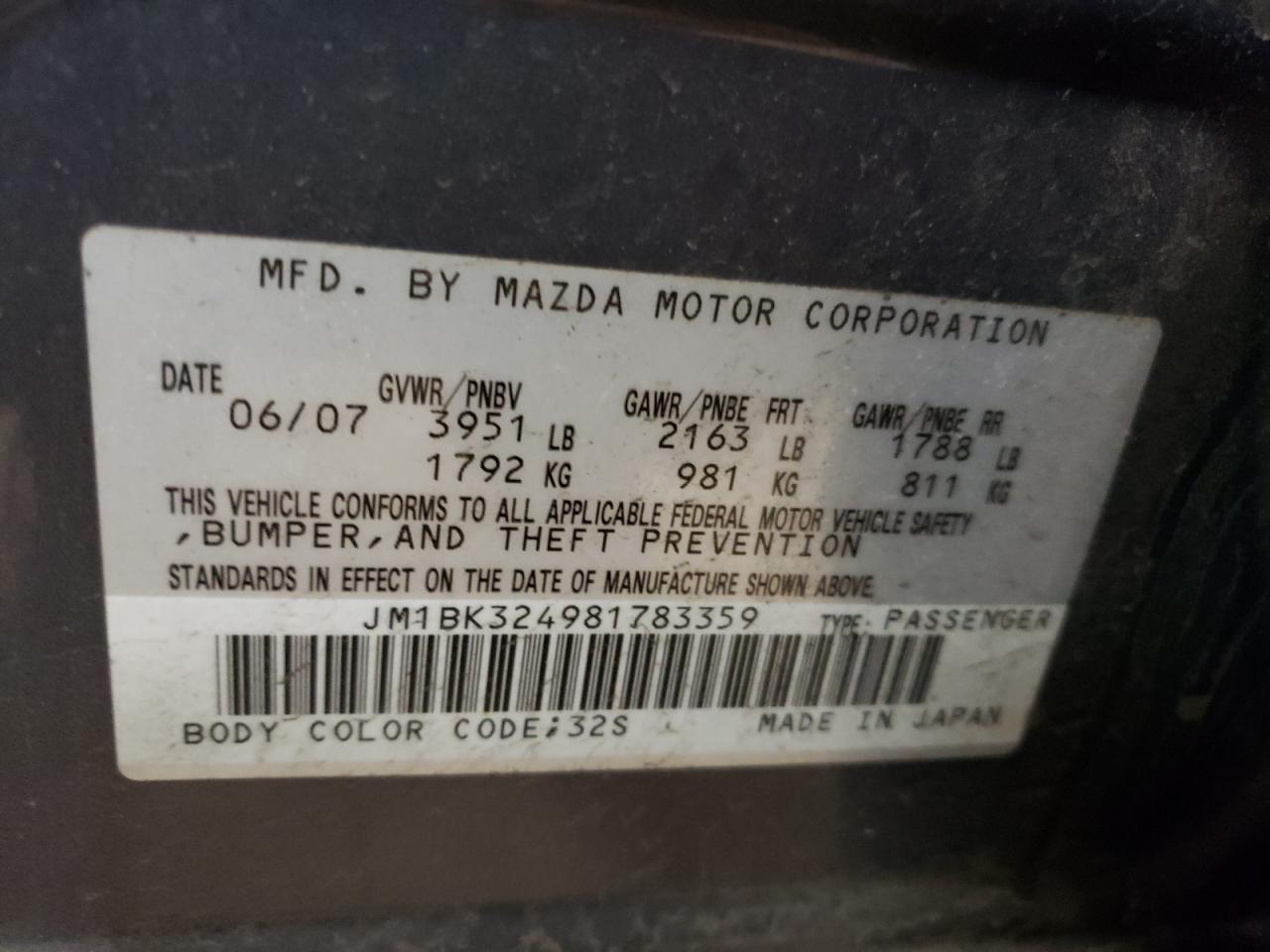 Photo 10 from auction – 2008 MAZDA 3 S with VIN JM1BK324981783359