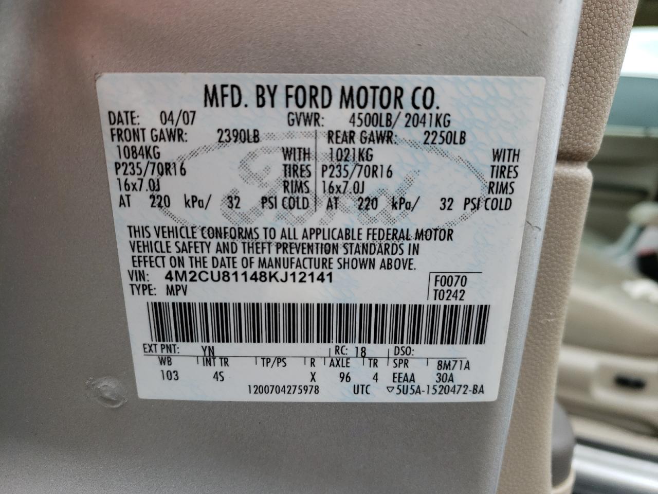 Photo 10 from auction – 2008 MERCURY MARINER with VIN 4M2CU81148KJ12141